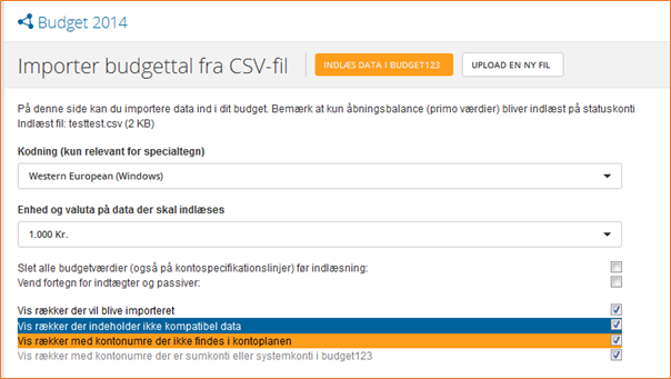Hent data ind i budget123 via .csv Importer via csv-fil