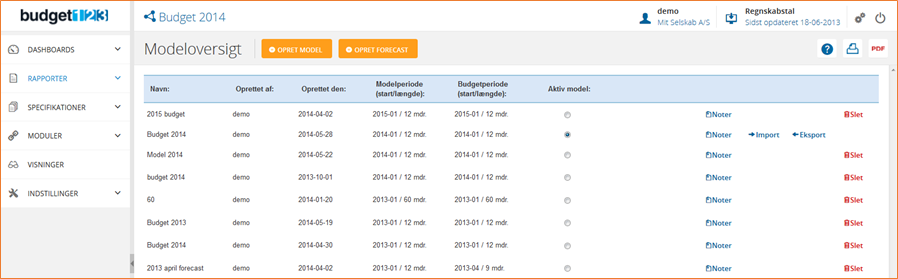 Opret, aktivér og slet modeller eller eksporter til excel Modeloversigten
