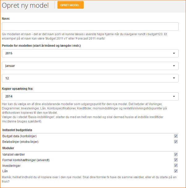 Giv din model et sigende navn og marker med flueben, hvad du vil medtage i modellen Opret ny model