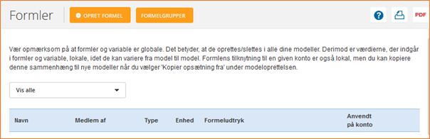 Se liste over dine formler og hvilke konti, de hæfter på Formeloversigten