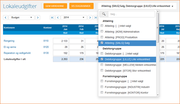 Vælg en kombination af dimensioner Dimensioner