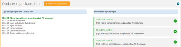 Klik på den orange knap, og følg status og log her på siden Opdater regnskabsdata