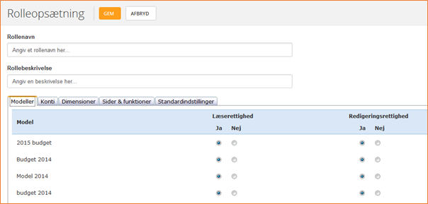 Giv eller nægt adgang til konkrete modeller, konti, dimensioner, etc. Roller