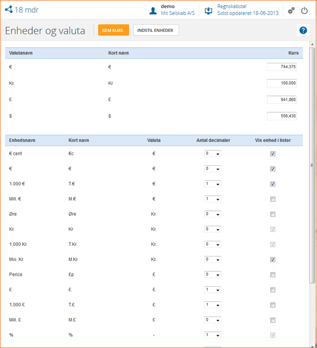 Bemærk, at du helt kan fravælge enheder, du aldrig bruger Enheder og valuta