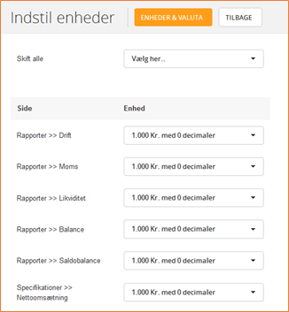 Indstil enheder globalt, eller vælg enhed for hver enkelt rapport, specifikation, etc. Indstil enheder