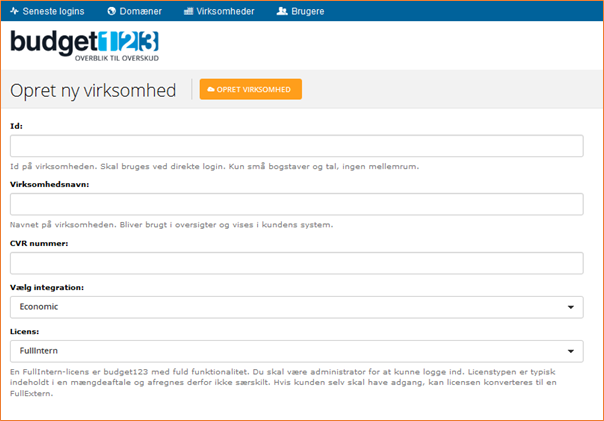 Opret virksomhed i systemet Ny virksomhed