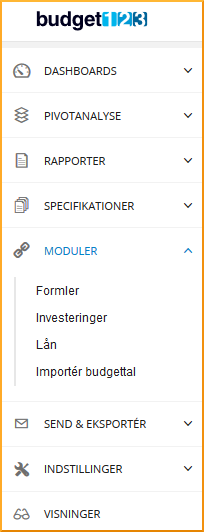 Formler, Lån og Investeringer ligger samlet under Moduler Moduler