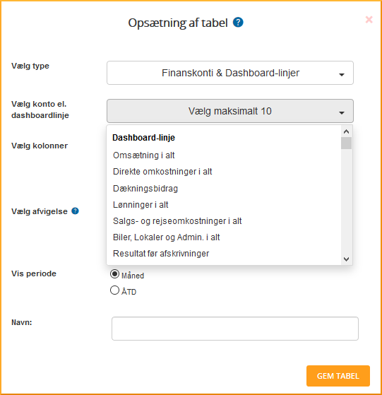 Opsætning af tabel Opsætning af tabel