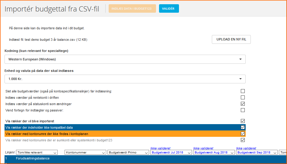 Importér budgettal fra CSV-fil Importér budgettal fra CSV-fil