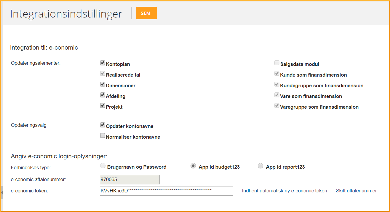 Tast aftale-id, brugernavn og password til dit regnskabssystem. Det fjerde felt er KUN for administratorer Integrationsindstillinger