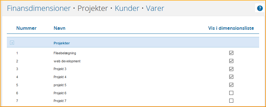 sæt flueben ved de projektor du ønsker at se i dimensionslisten